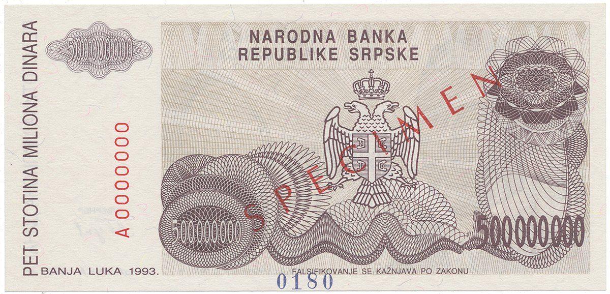Bosna a Hercegovina, 500 Miliona Dinara 1993, bankovní vzor, A 0000000, přet. SPECIMEN, P.155s