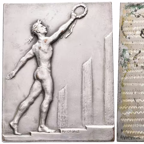 AE Plaketa b.l. - Sportovec s vavřinovým věncem. Postř. bronz,