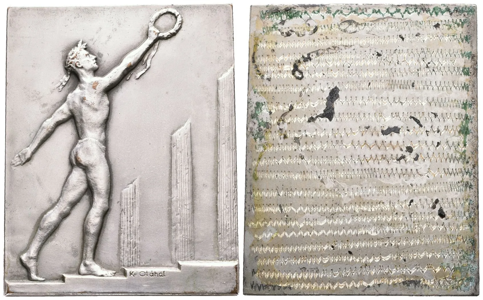 AE Plaketa b.l. - Sportovec s vavřinovým věncem. Postř. bronz, — 1