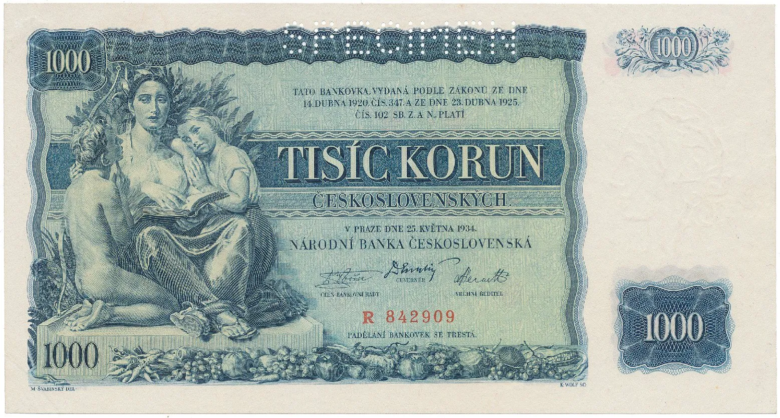 Československo, 1000 Koruna 1934, perf. 1x SPECIMEN, Hej.27a.S1