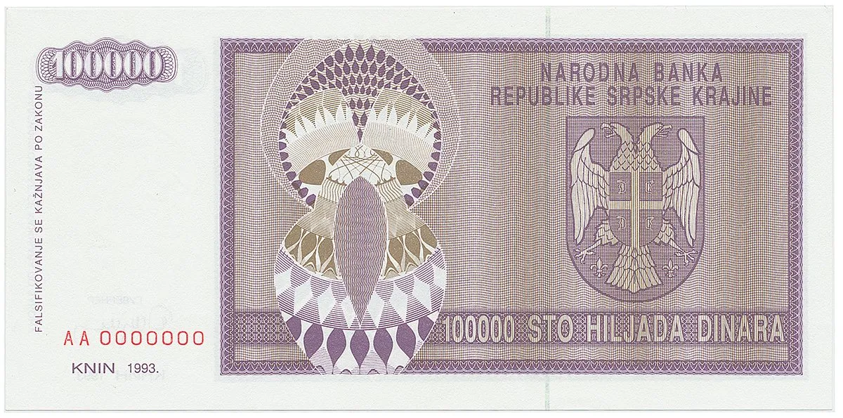 Chorvatsko - Srbská Krajina, 100.000 Dinara 1993, anulát, AA 0000000, P.R9