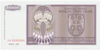 Chorvatsko - Srbská Krajina, 100.000 Dinara 1993, anulát, AA 0000000, P.R9