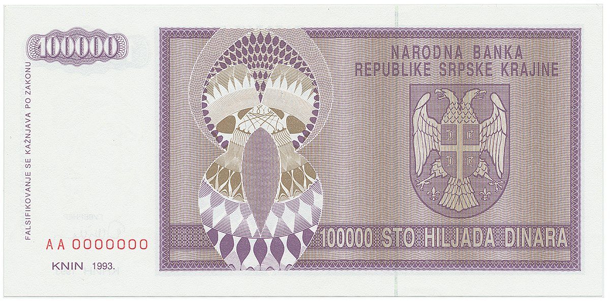 Chorvatsko - Srbská Krajina, 100.000 Dinara 1993, anulát, AA 0000000, P.R9