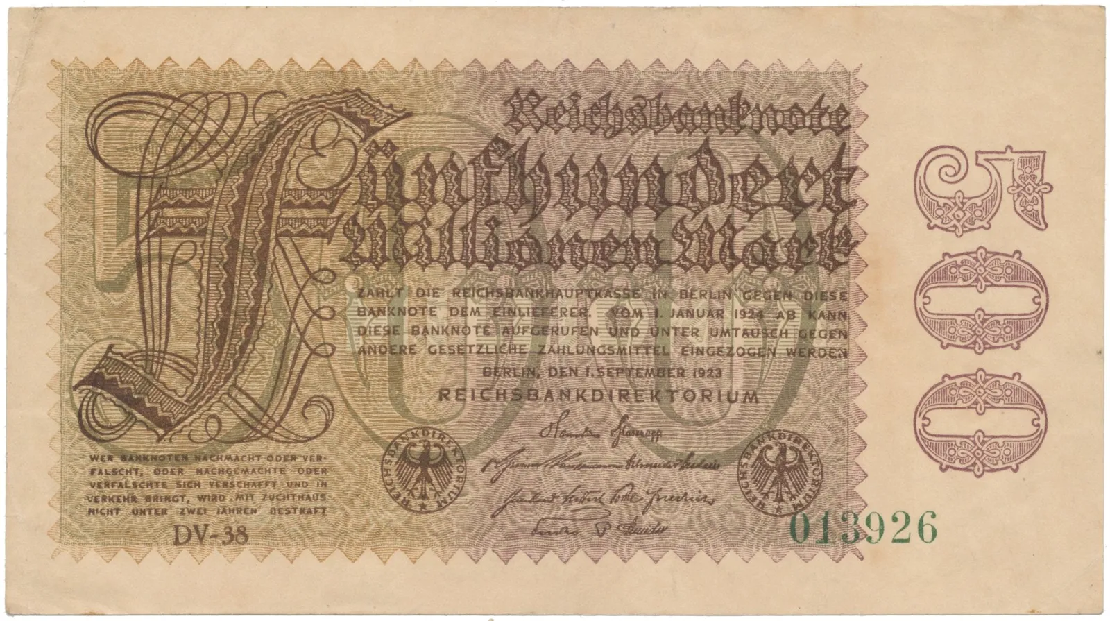 Německo, 500 Millionen Mark 1923, vodoznak Hakensterne, Ro.109d