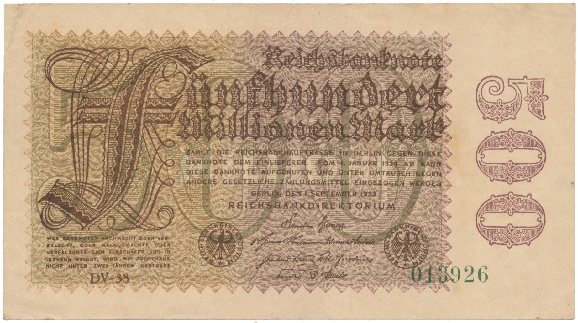 Německo, 500 Millionen Mark 1923, vodoznak Hakensterne, Ro.109d