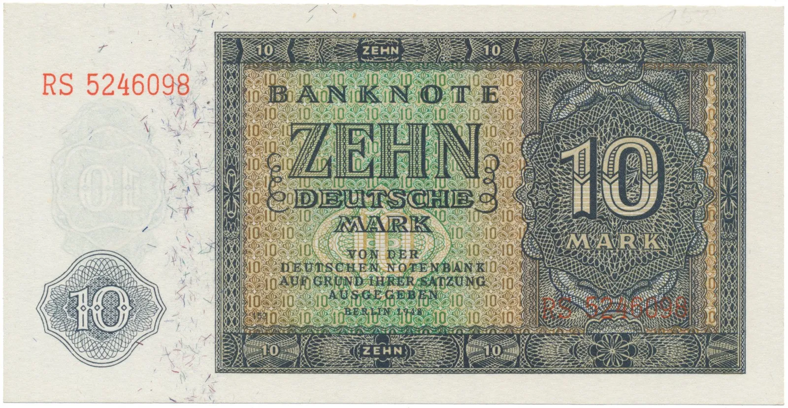 Německo - NDR, 10 DM 1948, tisk NDR (1952), 7-místný číslovač, Ros.343d