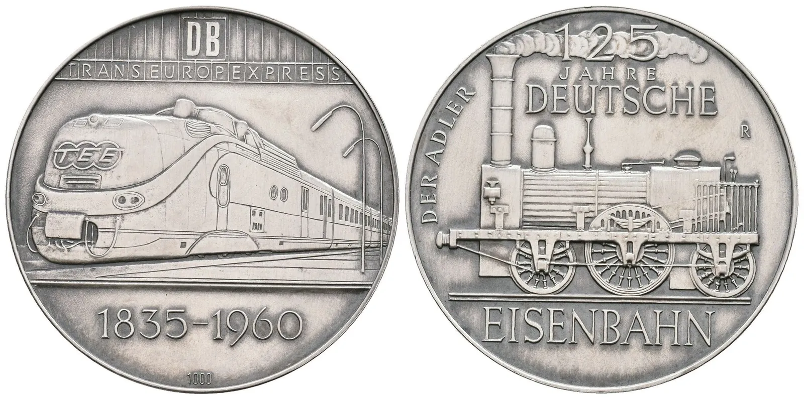 AR Medaile 1960 - K 125. výročí Německé železnice. Ag 0,999, 40 mm (19,2 g) — 1