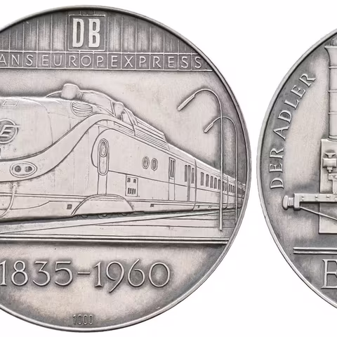 AR Medaile 1960 - K 125. výročí Německé železnice. Ag 0,999, 40 mm (19,2 g)