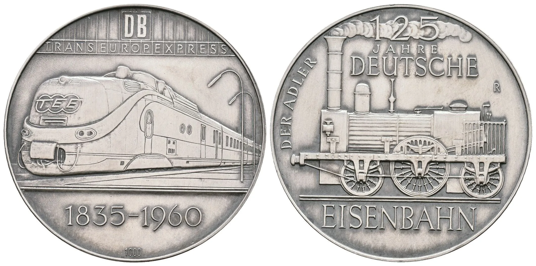 AR Medaile 1960 - K 125. výročí Německé železnice. Ag 0,999, 40 mm (19,2 g) — 1