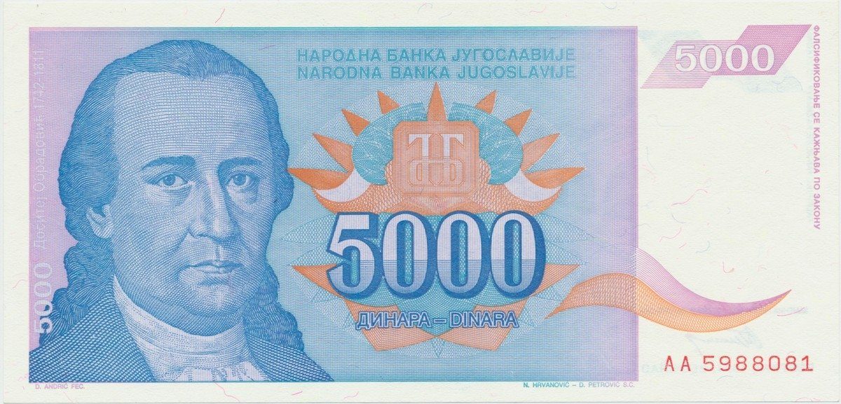 Jugoslávie, 5000 Dinara 1994, P.141