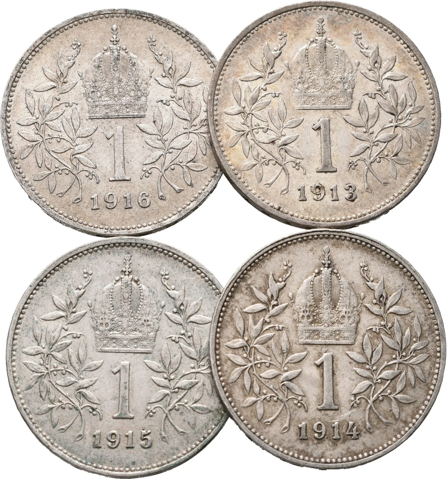 1 Koruna lot 4 kusů 1913, 1914, 1915 a 1916