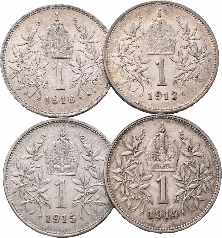 1 Koruna lot 4 kusů 1913, 1914, 1915 a 1916