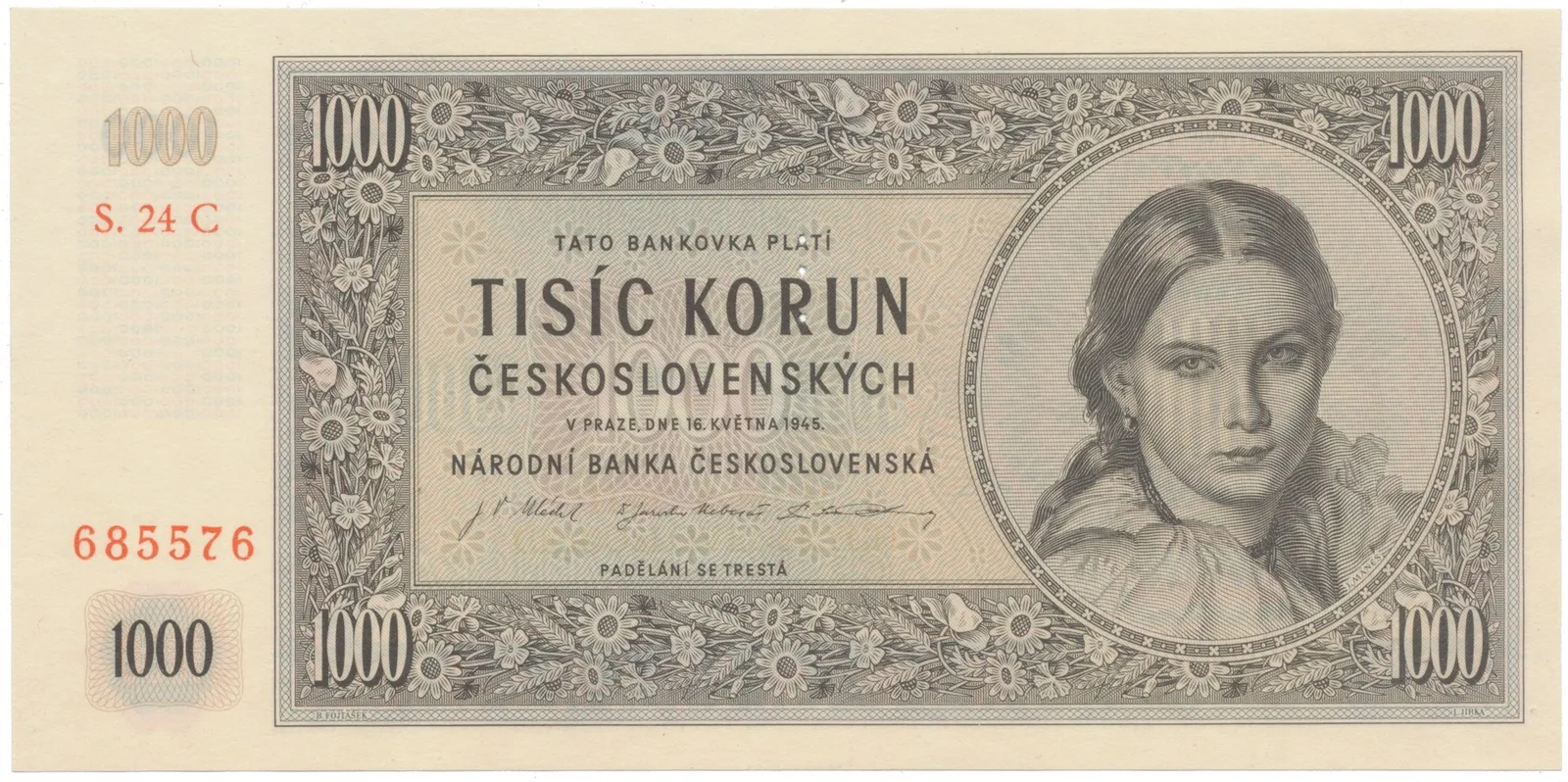 1000 Koruna 1945, II. vydání, série C, perforace 3 m.d., Hej.79aS1