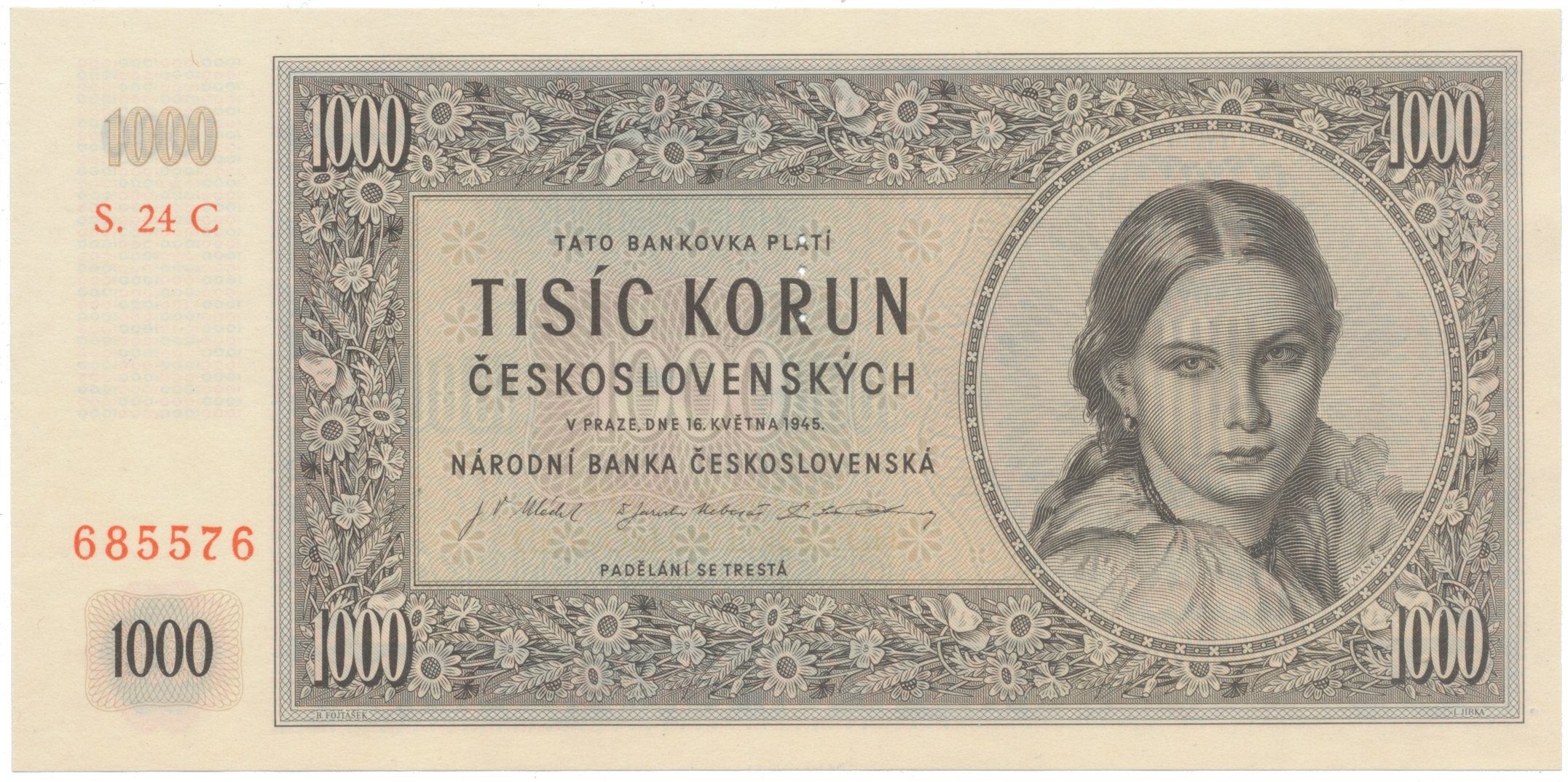 1000 Koruna 1945, II. vydání, série C, perforace 3 m.d., Hej.79aS1