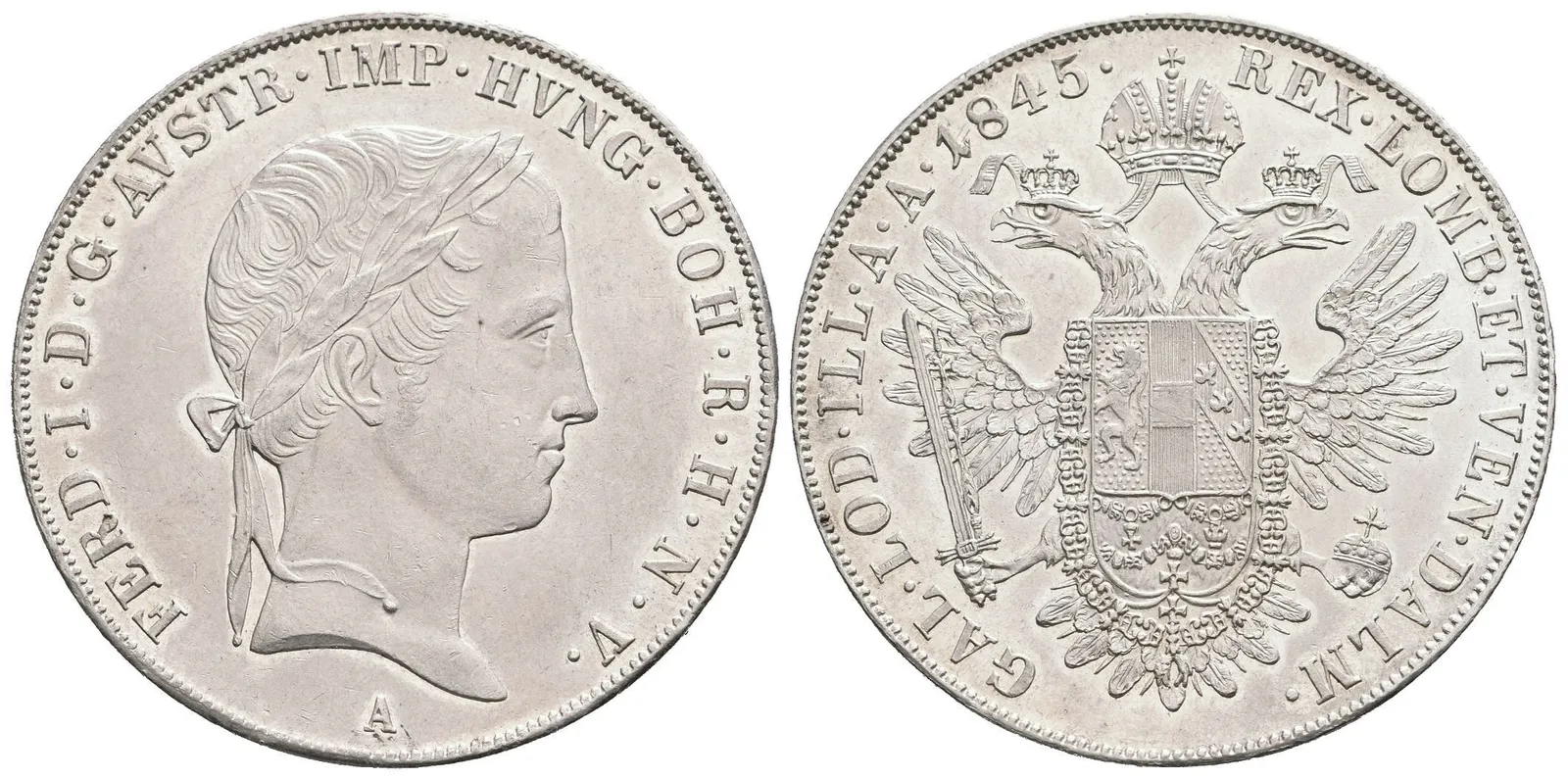 Tolar 1845 A, velmi pěkná zachovalost, lesk v opisech, na Rv. téměř plný ražební lesk, — 1