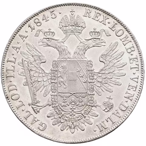Tolar 1845 A, velmi pěkná zachovalost, lesk v opisech, na Rv. téměř plný ražební lesk,