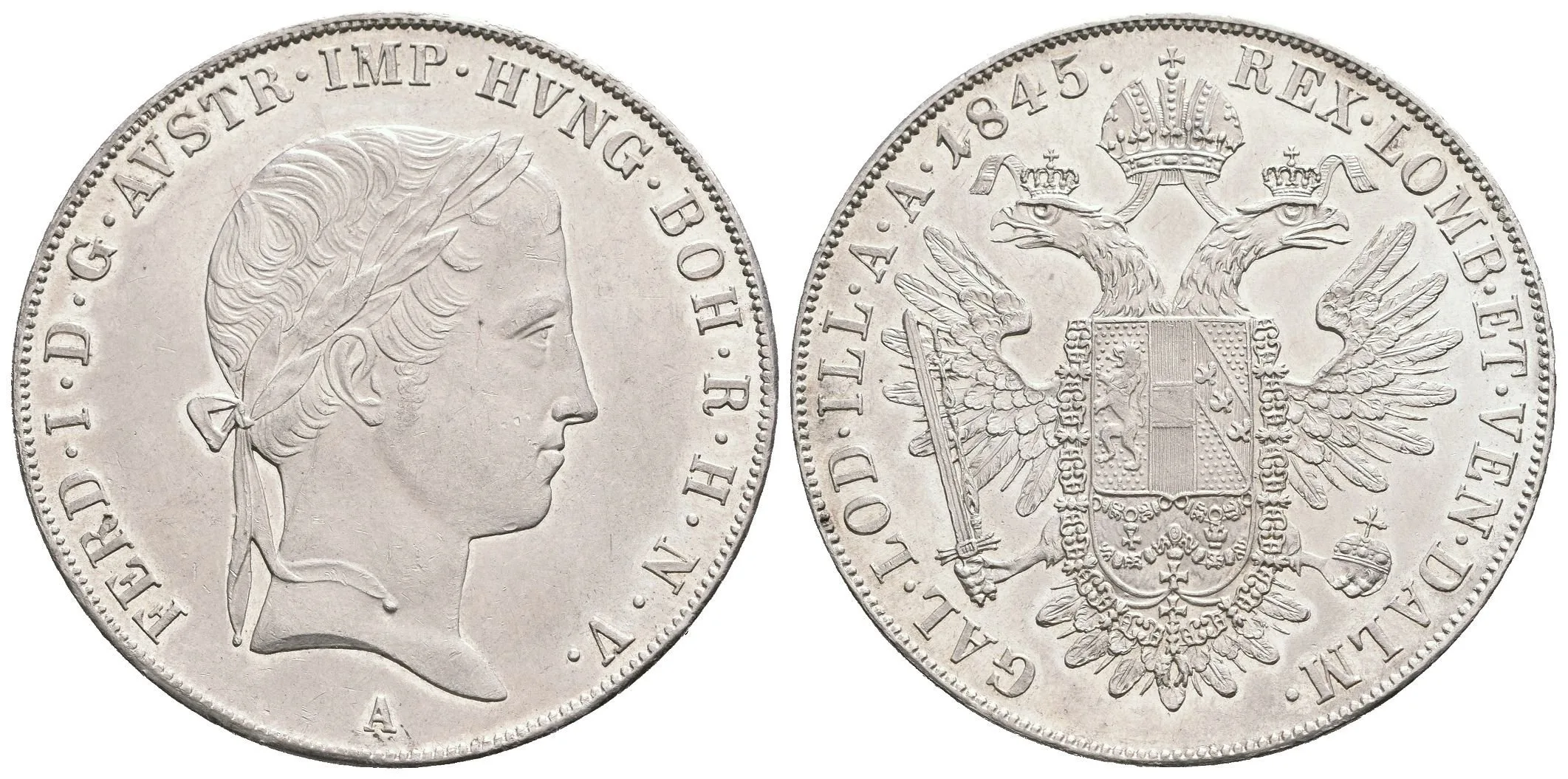 Tolar 1845 A, velmi pěkná zachovalost, lesk v opisech, na Rv. téměř plný ražební lesk, — 1