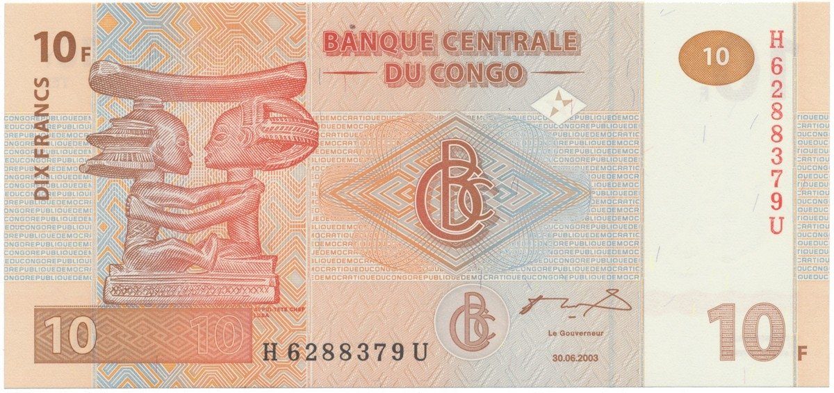 Kongo Dem. Republika, 10 Francs 2003, tisk G&D, P.93