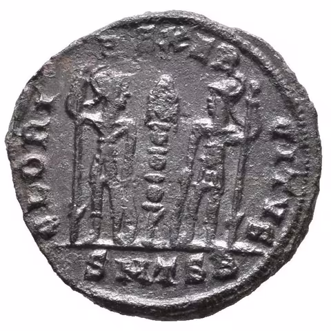 AE 3, Thessalonica, 336 - 337, Rv: GLORIA EXERCITVS, dva vojáci stojící proti sobě