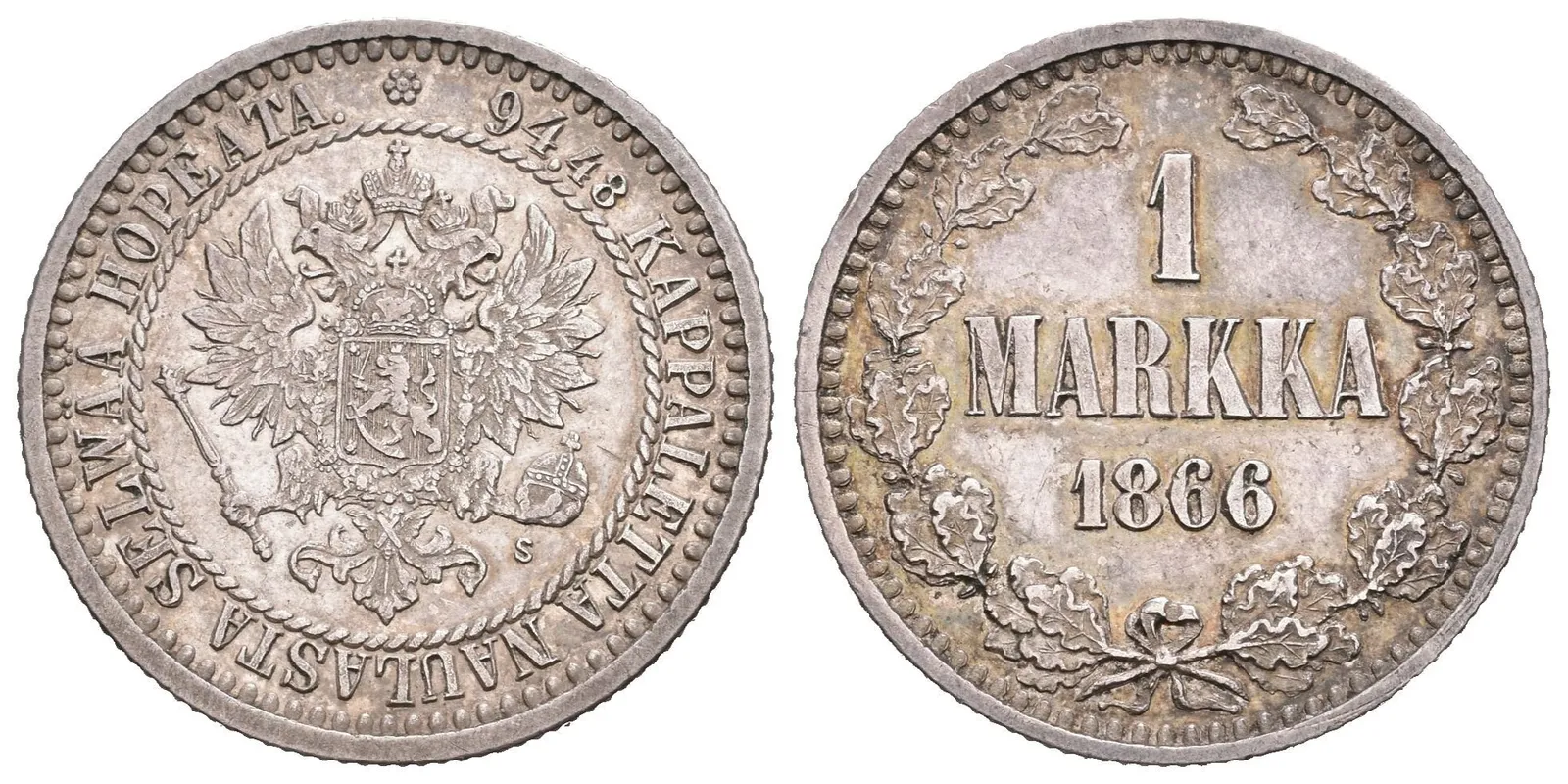 1 Markka 1866 S, Helsinky, Bitkin2.626, Uzd.4672, ražební lesk v ploše — 1