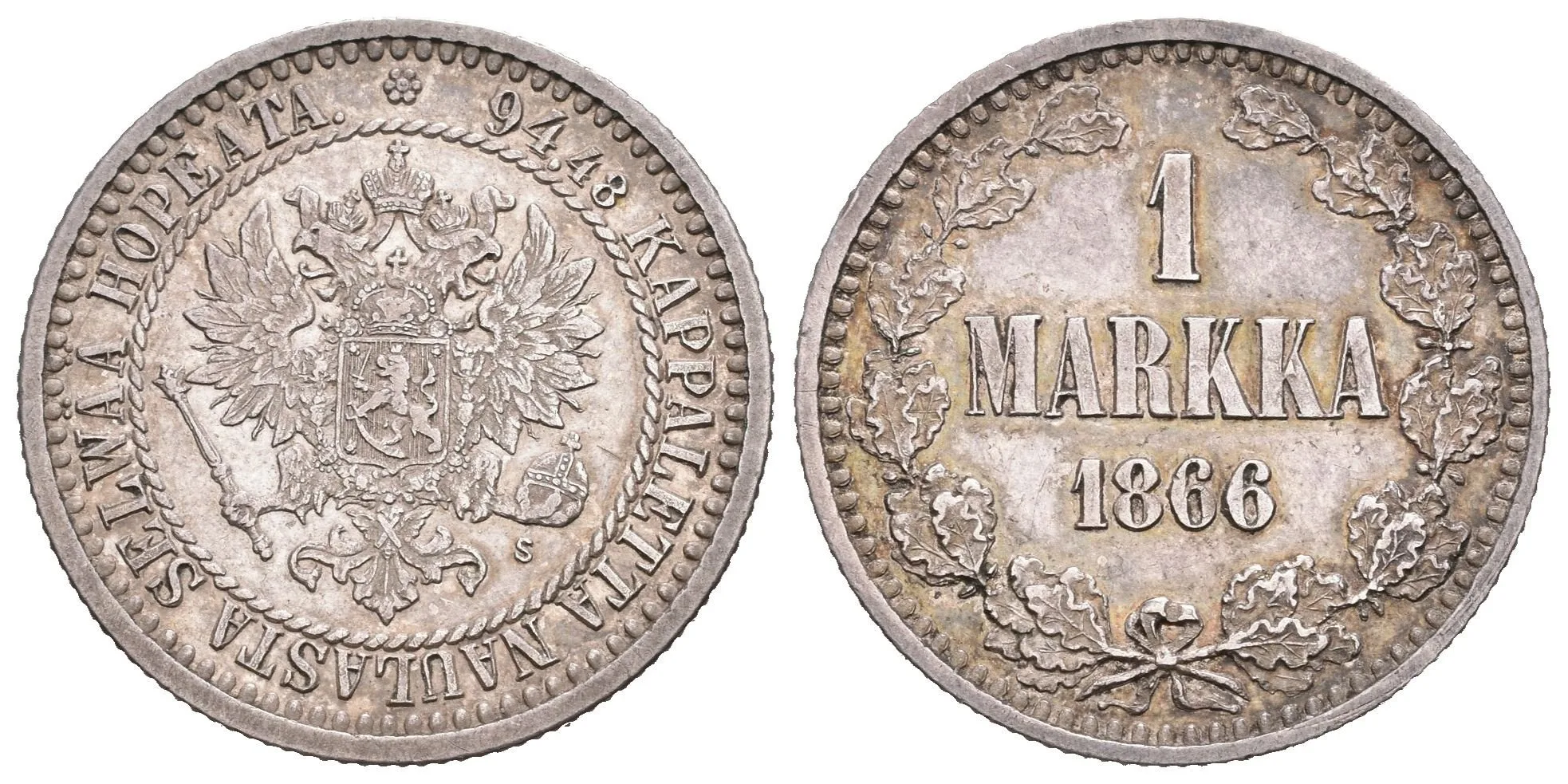 1 Markka 1866 S, Helsinky, Bitkin2.626, Uzd.4672, ražební lesk v ploše — 1