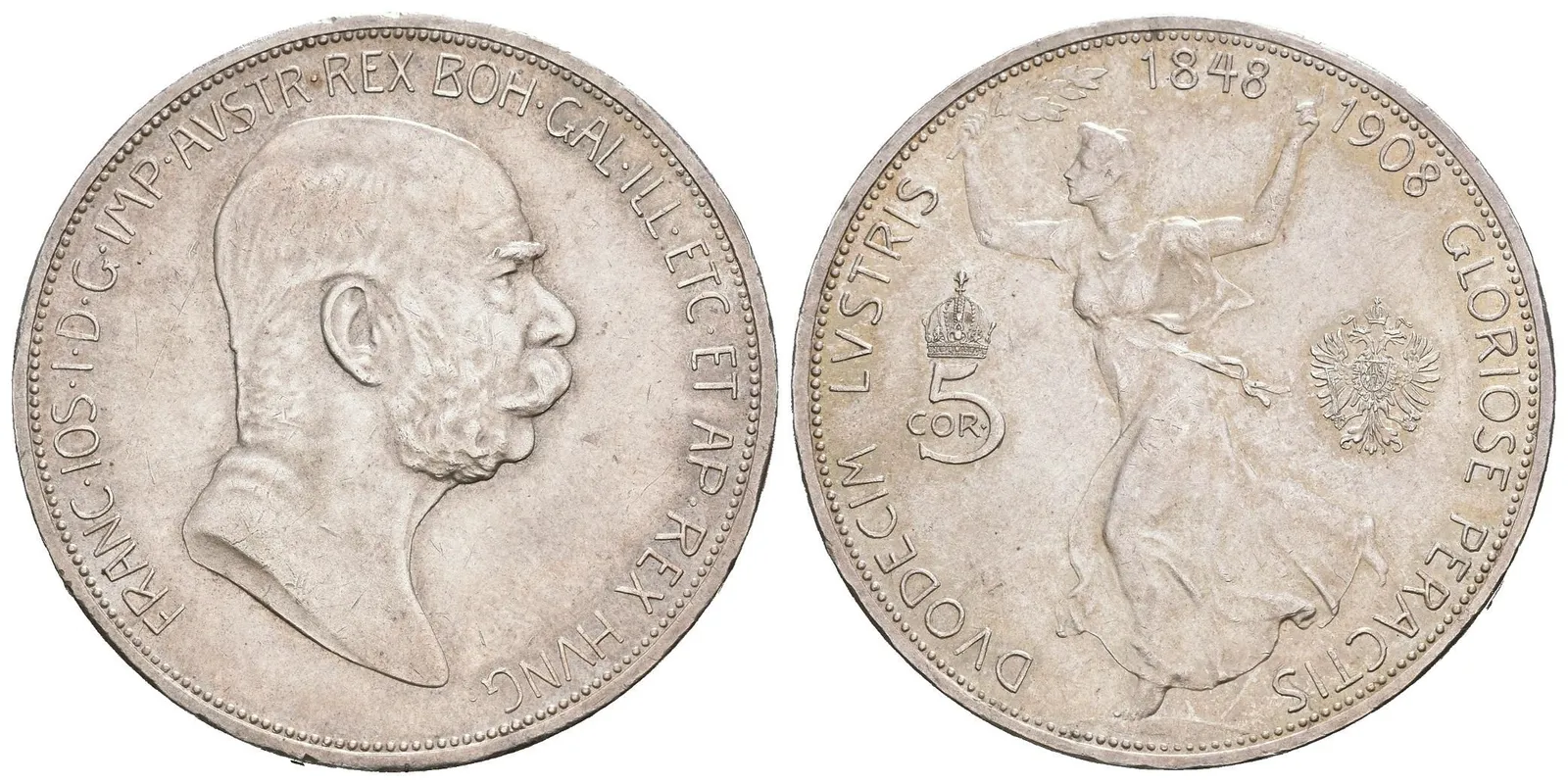 5 Koruna 1908 - Jubilejní k 60. výročí nastoupení vlády, — 1