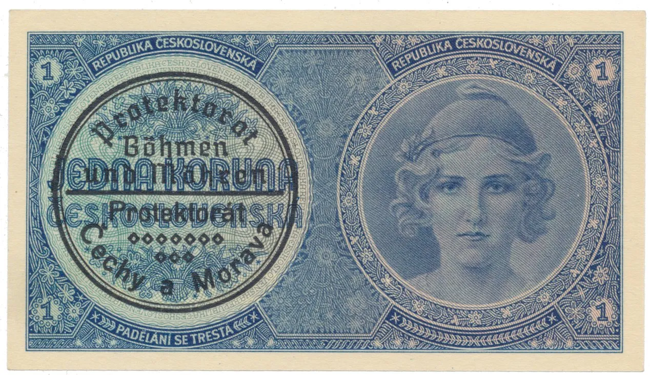 Protektorát Čechy a Morava, 1 Koruna b.d. (1938/1940), strojový přetisk, Hej.28b