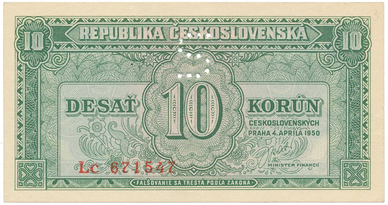 Československo, 10 Koruna 1950, série Aa - Zh, perforace písmenem "S", Hej.86b.S3