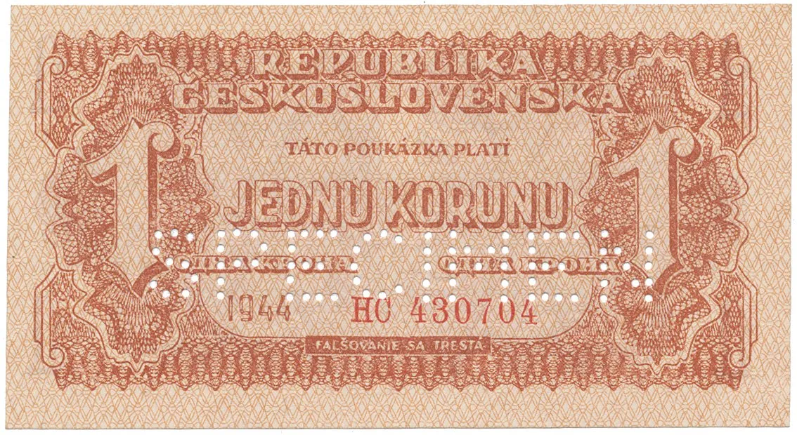 Československo, 1 Koruna 1944, perf. 1x SPECIMEN dole, Hej.56a1.S2