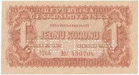 Československo, 1 Koruna 1944, perf. 1x SPECIMEN dole, Hej.56a1.S2