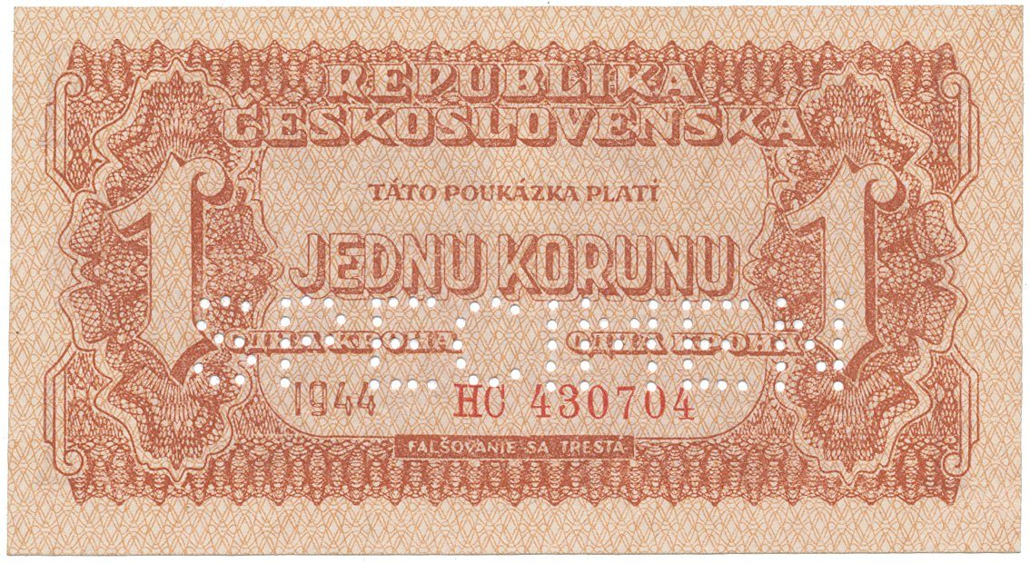 Československo, 1 Koruna 1944, perf. 1x SPECIMEN dole, Hej.56a1.S2