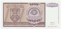 Bosna a Hercegovina, 100.000 Dinara 1993, anulát, AA 0000000, P.141 - fotografie 2