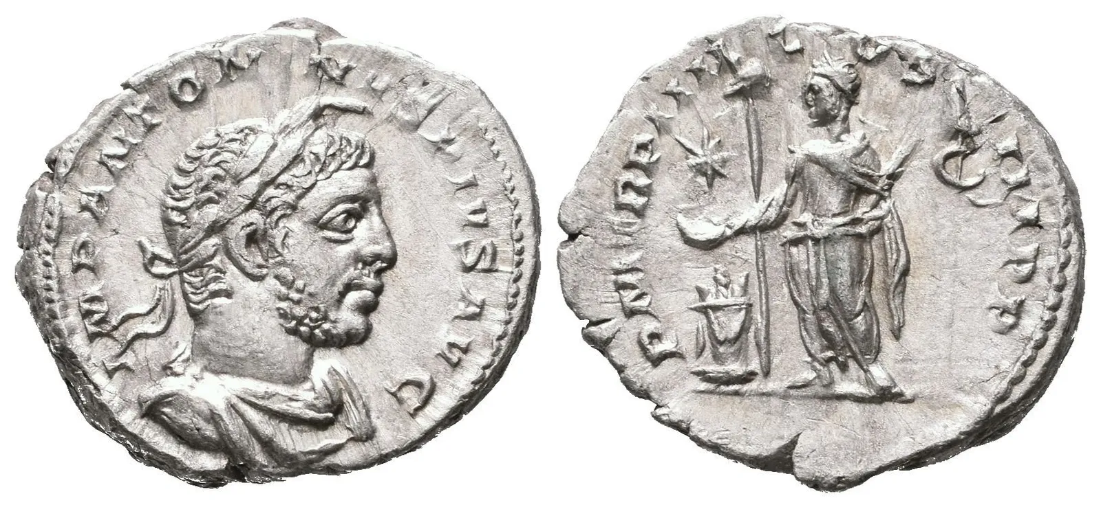 Denár, 221, Rv: P M TR P IIII COS III P P, stojící Elagabalus zleva obětuje nad — 1