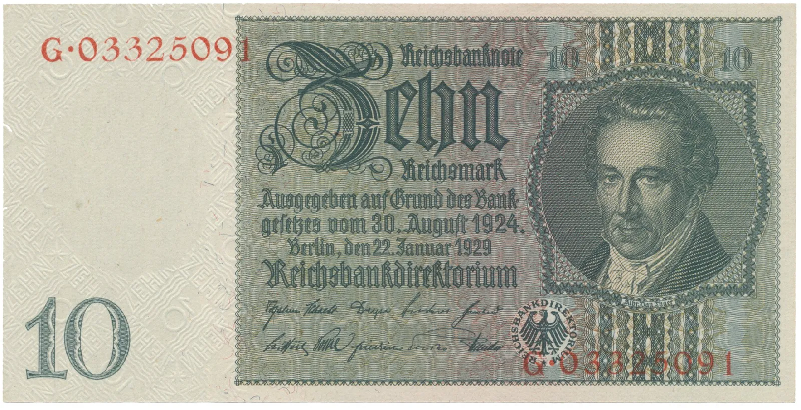 Německo, 10 Reichsmark 1929, válečná s průběžným vodotiskem, Hej.D2d
