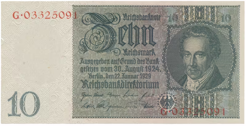 Německo, 10 Reichsmark 1929, válečná s průběžným vodotiskem, Hej.D2d