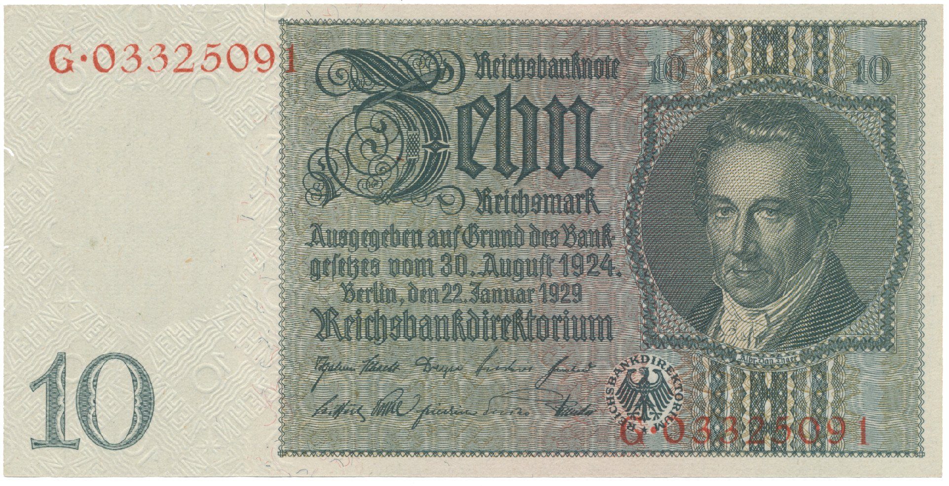 Německo, 10 Reichsmark 1929, válečná s průběžným vodotiskem, Hej.D2d