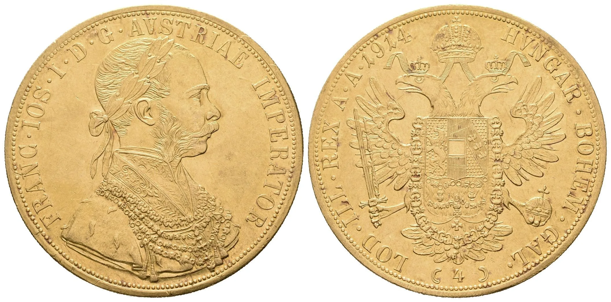 4 Dukát 1914, zbytky lesku, škr. a hranky, nep. zvlněný (13,92 g) — 1