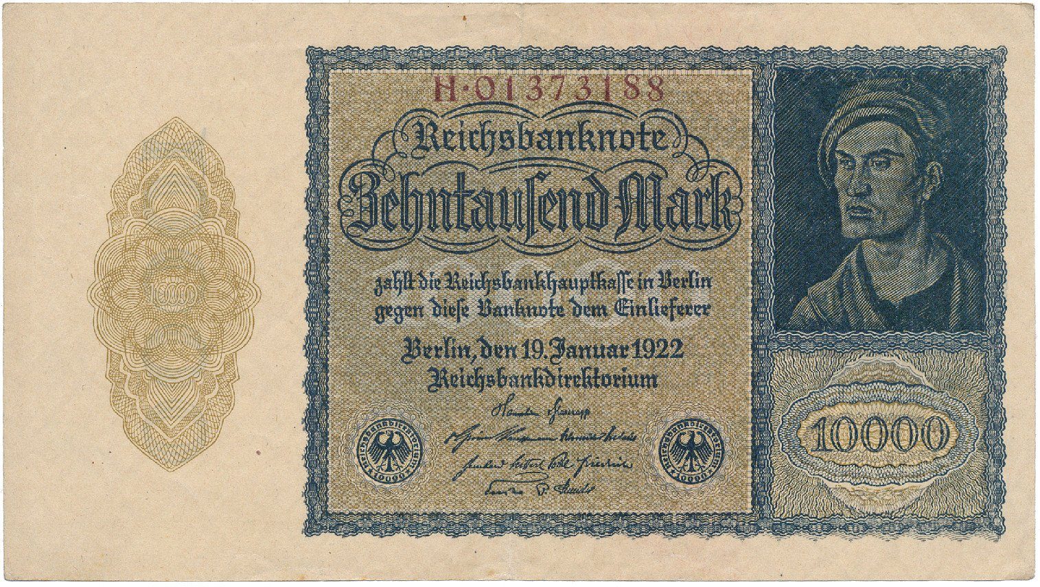 Německo, 10.000 Mark 1922, říšský 8-místný číslovač, Ro.69b