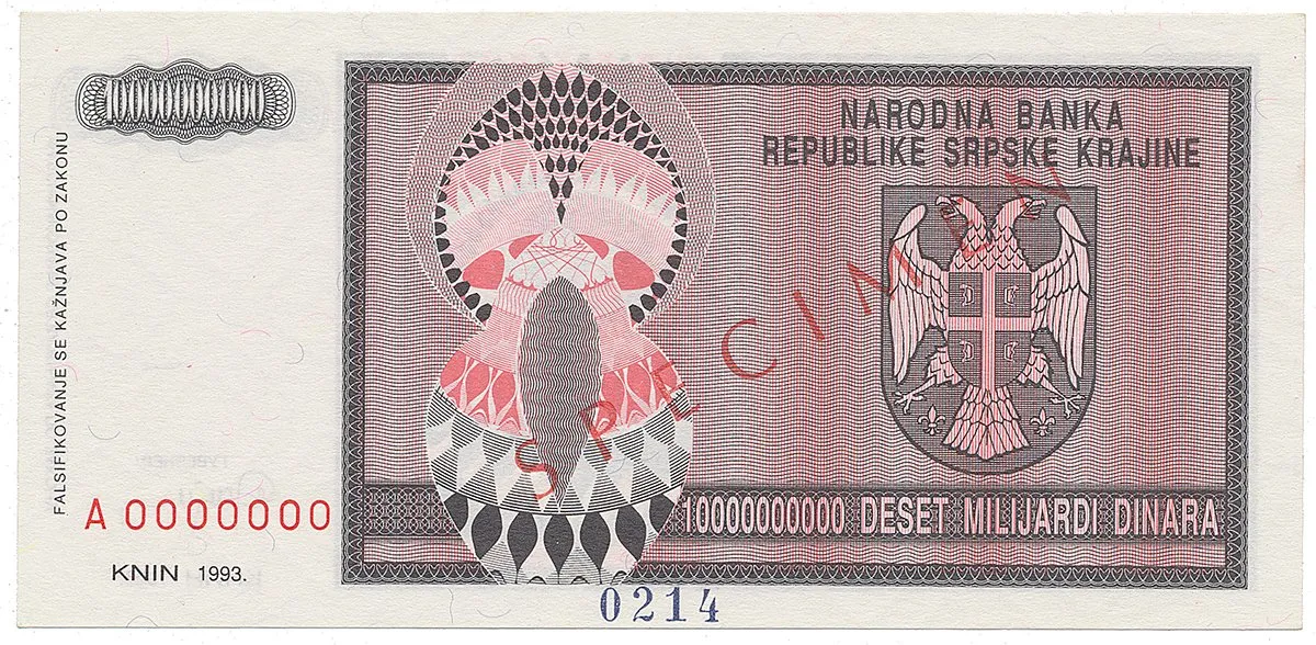 Chorvatsko - Srbská Krajina, 10 Milijardi Dinara 1993, bankovní vzor, A 0000000, přet. SPECIMEN, P.R19s