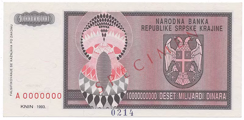 Chorvatsko - Srbská Krajina, 10 Milijardi Dinara 1993, bankovní vzor, A 0000000, přet. SPECIMEN, P.R19s