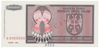 Chorvatsko - Srbská Krajina, 10 Milijardi Dinara 1993, bankovní vzor, A 0000000, přet. SPECIMEN, P.R19s