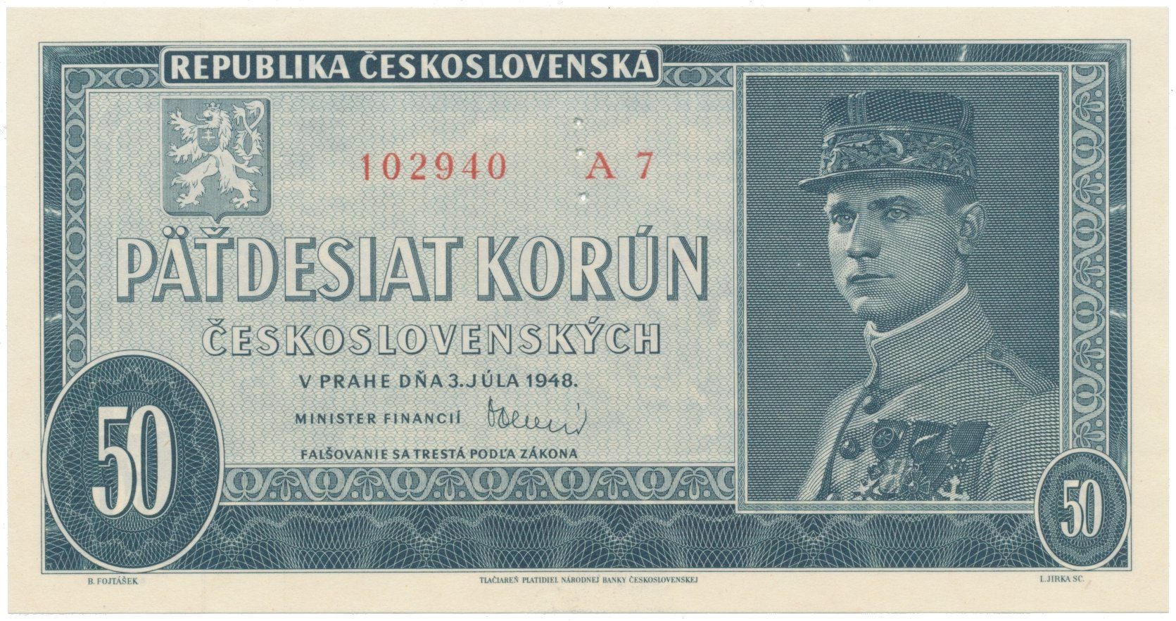 50 Koruna 1948, série A 7, perforace 3 m.d., Hej.82aS1