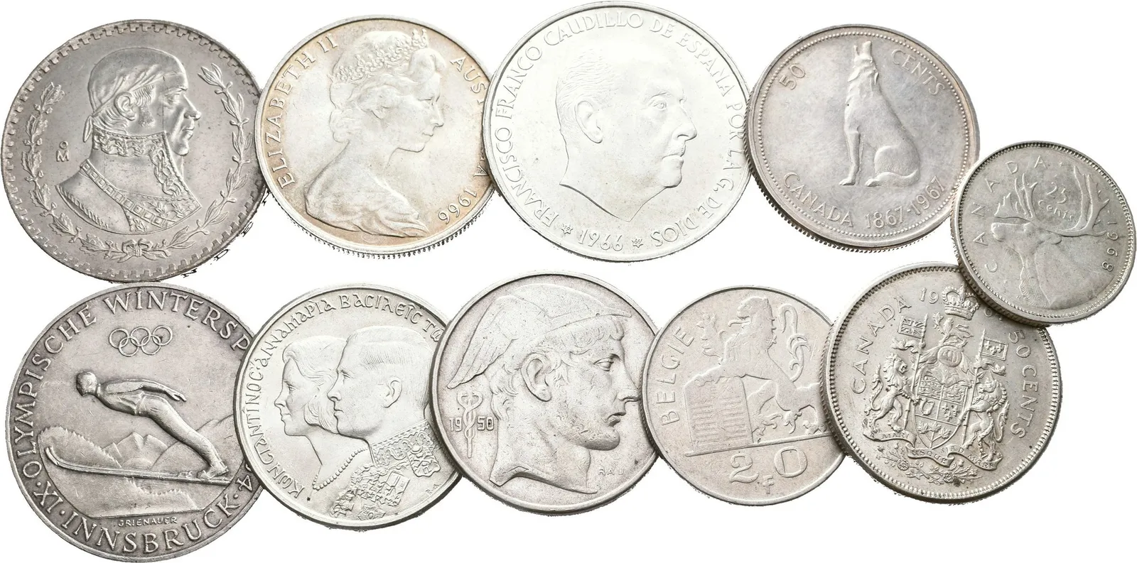 Soubor stříbrných mincí Austrálie, Belgie, Kanady, Mexika, Rakouska, Řecka — 1