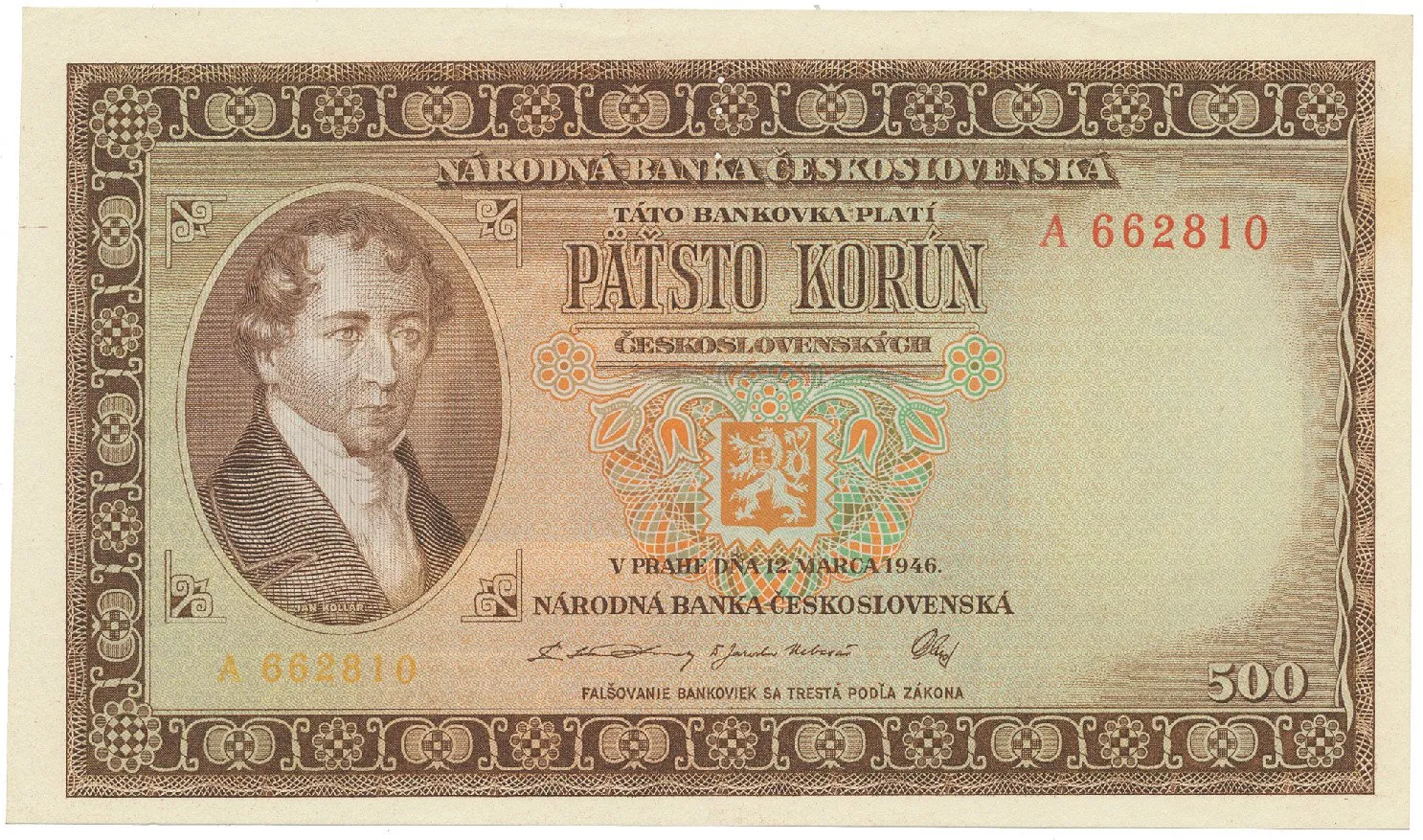Československo, 500 Koruna 1946, první jednopísmenková série A, perforace 3 md svisle, Hej.81a.S1