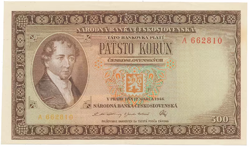 Československo, 500 Koruna 1946, první jednopísmenková série A, perforace 3 md svisle, Hej.81a.S1