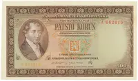 Československo, 500 Koruna 1946, první jednopísmenková série A, perforace 3 md svisle, Hej.81a.S1