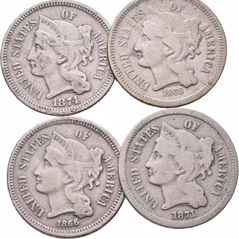 Soubor mincí - 3 Cent 1866, 1868, 1871 a 1874 (Ni), oběhové zachovalosti_4 ks