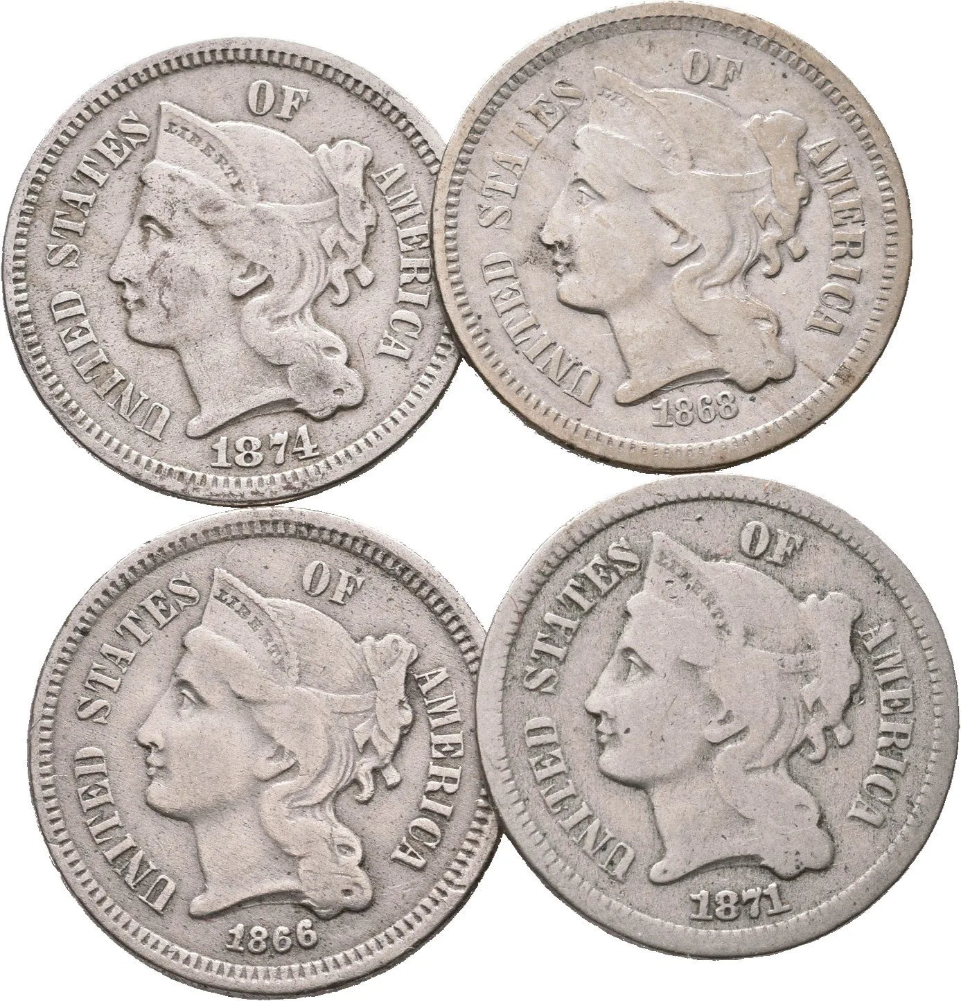 Soubor mincí - 3 Cent 1866, 1868, 1871 a 1874 (Ni), oběhové zachovalosti_4 ks — 1