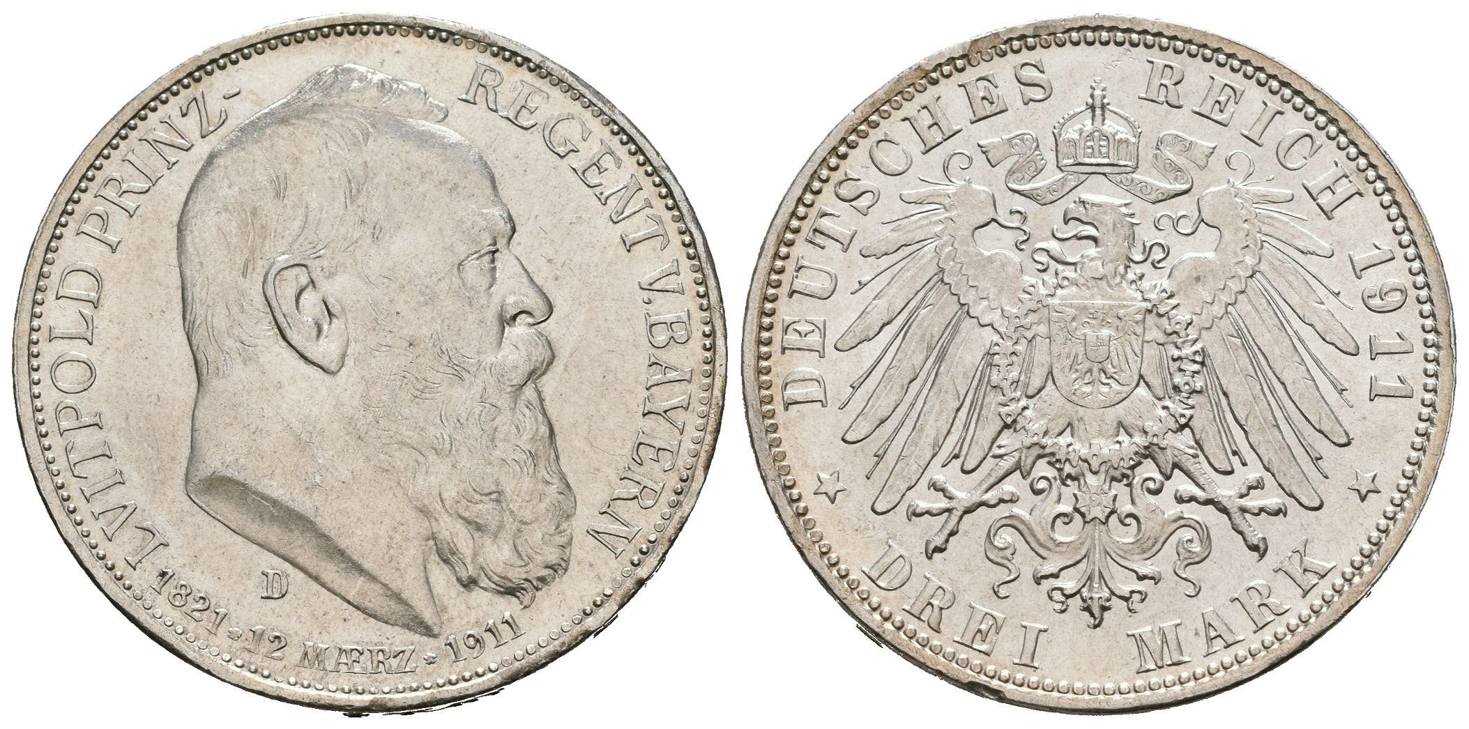 Bavorsko, 3 Marka 1911 D - 90. výročí narození