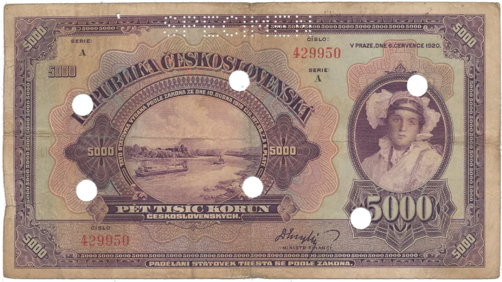 5000 Koruna 1920, série A, SPECIMEN + skartační otvory, Hej.17a.S3